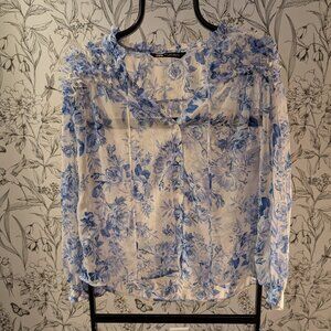 Zara Blue Floral Sheer Blouse Size Medium